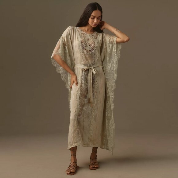 Lace Shine Kaftan By Anthropologie, Moss Green & Gold, One Size, Boho Kimono - Picture 1 of 7